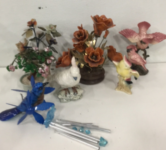 (3) Vintage Glass Ceramic Flower Arrangements (3) Ceramic Parakeet Sculptures (1) Blue Bird Wind Chime Set