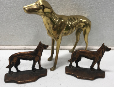 (2) Dog Metal Book Ends, (1) Gold Colored Dog Please Statue