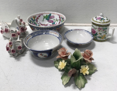 (3) Chinese Bowls, (2) Rose Swans And More