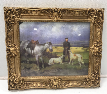 Vintage Man With Horse And Dogs Painting
