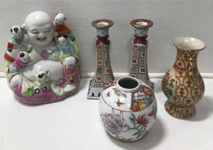 (2) Chinese Candle Holders, (2) Vases, (1) Buddha Statue