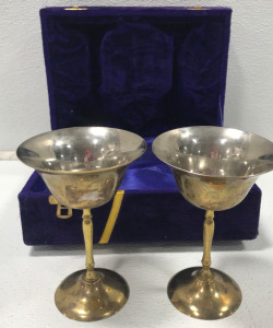 (2) Brass Wine Glasses In Purple Case
