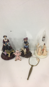 (2) Ceramic Victorian Style Statues (1) Ceramic Victorian Style Lamp (1) Handmade Ceramic Asian Themed Sculpture (1) Vintage Victorian Style Hand Vanity Mirror