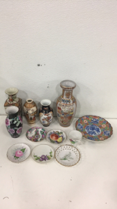 (5) Vintage Ceramic Hand Painted Chinese Style Vases (5) Small 5&rdquo; China Tea Plates (1) Small China Tea Cup (1) Vintage 7&rdquo; Ceramic Painted Salad Plate