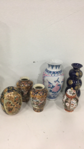 (2) Vintage 9&rdquo; Matching Ceramic Chinese Painted Vases (1) Vintage 9&rdquo; Chinese Ceramic Painted Egg (1) Fine China Japanese Ginger Jar (2) Ceramic Chinese Flower Vases