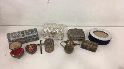 (7) Decorative Assorted Jewelry Boxes (1) Antique Brass Pancake Syrup Dispenser and More!