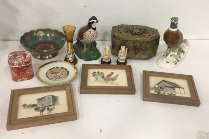 (2) Vintage Holland Mold Ceramic Birds Sculptures (1) Brass India Made Peacock Theme Bowl (3) 9&rdquo; x 7&rdquo; Framed Chicken Rooster Prints and Mirw!!
