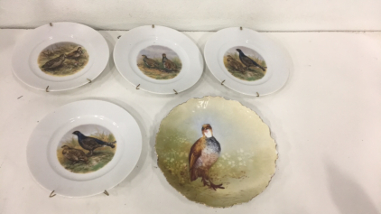 (4) Vintage JkW Fine Porcelain Western Germany Decorative Collector Plates With Wall Mounts (1) Limoges Porcelain Quail Plate