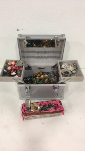 (1) Multi Compartment Jewelry Box Full Of Vintage Costume Jewelry