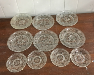 (10) Unique Crystal Durand Glass 7 Clear Antique Salad Plates And Mini Side Dishes