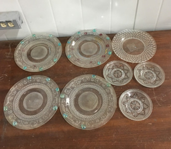 (3) Old Fancy Vintage Heavy Cut Glass 5-Part Divided Vegtable Relish Serving Platter Tray, (4) Ceramic Old Fashion Salad Plates