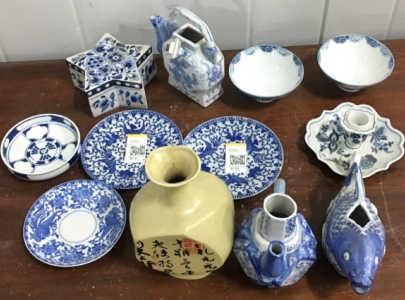 (12) Vintage Home Glass Decorations Including Serving Chinese Tea Pot Blue And White, And More