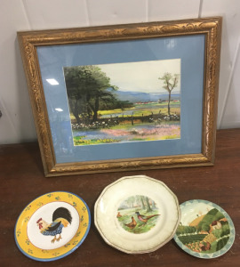(1) 26 &ldquo; Hand Painted Art Frame With (3) Decorative Glass Plates