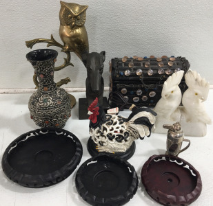 (1) 14&rdquo; Brass Owl Statue (1) Velvet Lined Treasure Chest Box (2) Marble Macaw Book Ends & More!!