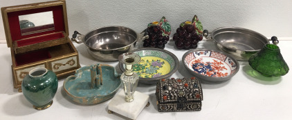 (2) Gape Bushel Ceramic Candle Holder (2) 8.5&rdquo; Oriental Hot Plate (2) Small Jewerly Box & Much More!