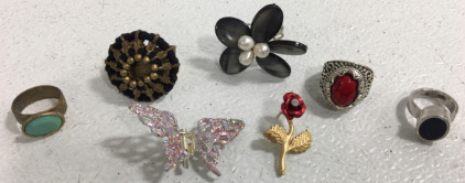 (5) Costume Jewelry Rings (1) Rose Pin (1) Butterfly Clip