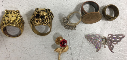 (5) Costume Jewelry Rings (1) Rose Pin (1) Butterfly Clip