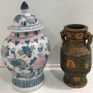 (1) 14&rdquo; Oriental Ceramic Vase W/ Lid (1) 10&rdquo; Japanese Vase