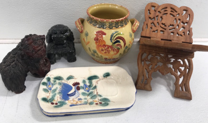 (2) Hand Painted Plates (1) Rooster Pot (1) Marble Foo Dog & More!