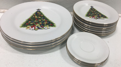 (14 pcs) Holiday Dishes (4) Dinner Plates (7) Salad Plates (3) Saucers