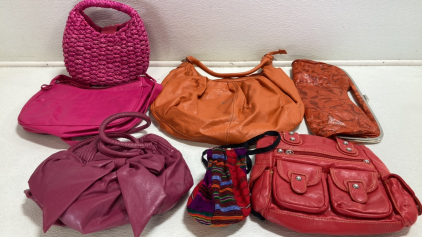 (7) Assorted Purses: (3) Pink, (1) Orange, (1) Red, (1) Purple/Red