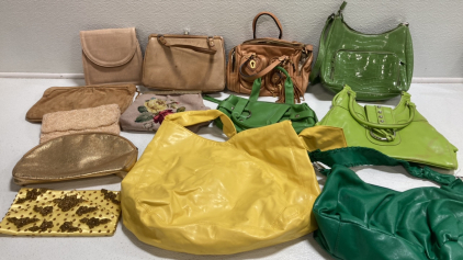 (13) Assorted Purses and Clutches: (4) Green, (3) Yellow/Gold, (6) Tan/Brown