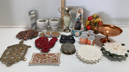 (2) Marble Mortars, Marble Salt Shaker, Shoe Wine Bottle Holder, (4) Metal Trivets, (5) Espressor Cups, (3) Marble Coasters and more