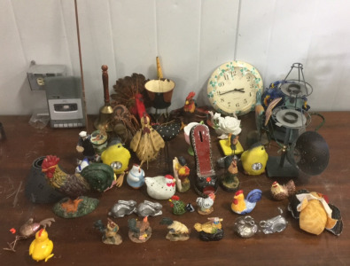 Lots Of Vintage Home Decorations Including Vintage Three Hands Cast Iron Rooster Door Stop, (1) Spartus Home Decor Clock, (1) Indian Bell And So Much More!