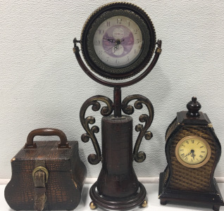 (1) Clock on Stand (1) Wicker Clock (1) Wicker Box