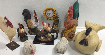 (9) Assorted Rooster Decorations Including Rooster & Hen Clock, Sitting Hen Figurine & Much More!!