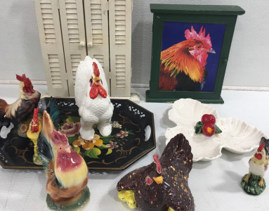 (1) Rooster Spice Rack Shelf (1) Metal Hand Painted Serving Tray (1) Window Shutters Picture Frame & More!