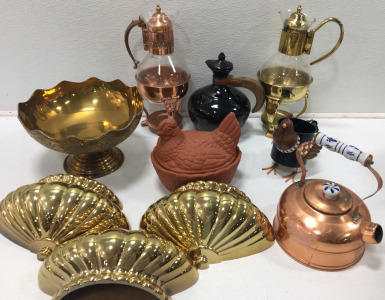 (3) Assorted Decanter (1) Clay Chicken (1) Gold Metal Fruit/Serving Bowl & More!!