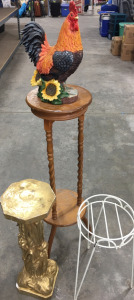 (1) Entry Table With Rooster (1) Wire Plant Stand (1) Plaster Pedestal