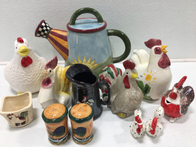 (1) Teapot Cookie Jar (4) Ceramic Rooster Decor & More!