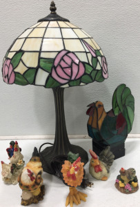 (1) Beautiful Stained Glass Lamp (1) Stained Glass Rooster (5) Assorted Rooster Figurine
