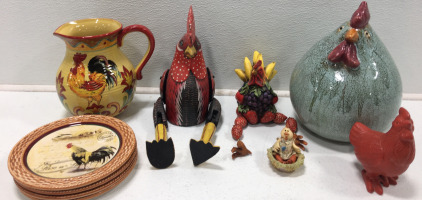 (1) Adorable Fat Hen (4) Rooster Plates (1) Rooster Pitcher & More!!