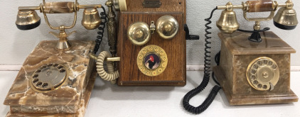 (2) Vintage Marble Phones (1) Vintage Wood Phone