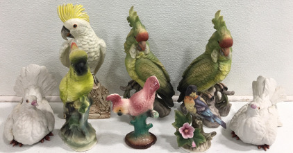 (1) 12&rdquo; Ceramic Macaw (2) 12&rdquo; Ceramic Parrots (5) Assorted Bird Ceramic Figurine
