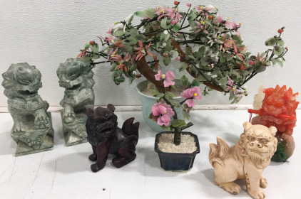 (1) 12&rdquo; Glass Bonsai Tree (1) 8&rdquo; GlassBonsai Tree (2) 8&rdquo; Marble Foo Dog Figurine (3) Assorted Foo Dog Figurine