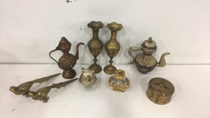 (2) Antique Brass India Tea Pot Lamps (2) Antique Brass Peacock Ornate Decoration (2) Antique Parfume Bottles and More!!