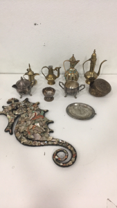(1) Large Lot Of Antique Assorted Silver Plate And Brass Metalware (1) Large 20&rdquo; x 9&rdquo; Sea She&rsquo;ll Hand Made Seahorse Wall Decoration