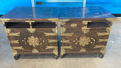 (2) Matching Wood Side Tables w/ Chinese Symbols - Missing Drawers