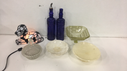 (4) Vintage Glass And Crystal Candy Dishes (2) 12&rdquo; Blue Glass Vinegar and Oil Bottles (1) Bobblehead Dalmatian Glass Dog Lamp