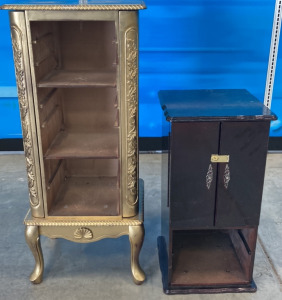 (1) Dark Brown Jewelry Case - No Legs, (1) Spray-Painted Gold Jewelry Case - No Shelves