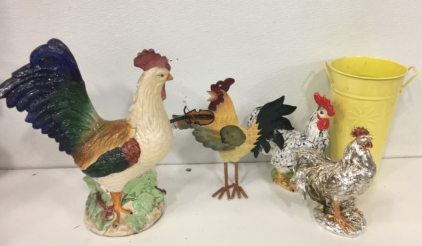 (1) 18&rdquo; Tall Crramic Rooster Statue (2) 11&rdquo; Tall Ceramic Chicken Statues (1) Metal Rooster Wall Decoration (1) 12&rdquo; Tall Metal Flower Vase