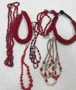 (7) Red Beaded Necklaces