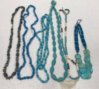 (6) Blue Beaded Necklaces