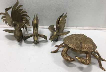 (3) Brass Roosters, (1) Brass Crab