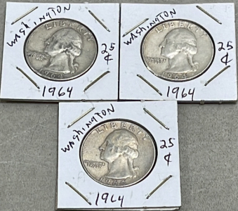 (3) 1964 Washington Silver Quarter Dollars (Carded)