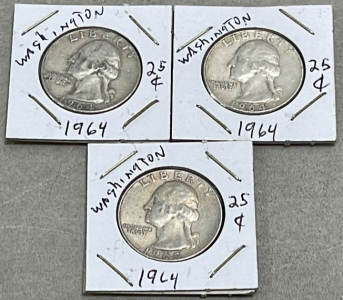 (3) 1964 Washington Silver Quarter Dollars (Carded)